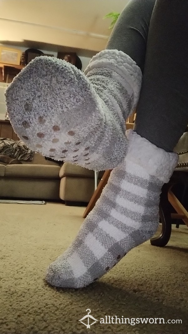 Grey & White Fuzzy Slipper Socks