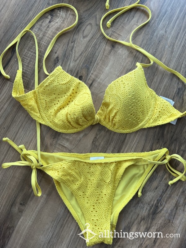 💛☺️happy Yellow Delicate Detail Matching Bikini Set With Tie Side And String Ties☺️💛