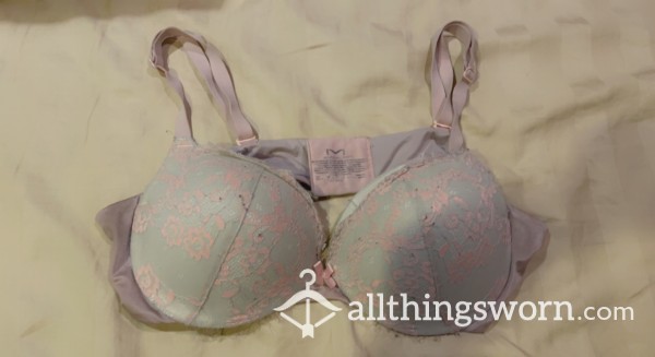 Heavily Used White And Pink Lace Bra
