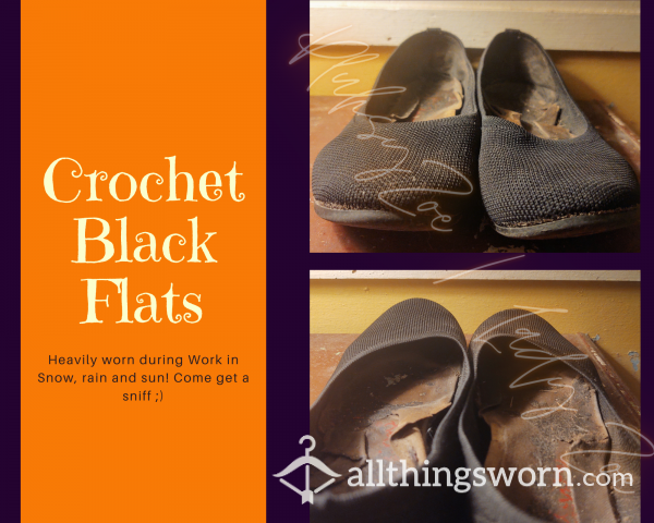 Heavily Worn Crochet Black Flats