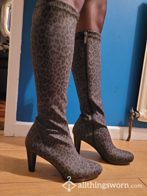 High Heel Boots Leppard Print Size 6 Worn With Stockings Sexy Nylon Feet, Nylons And P&P Included Uk