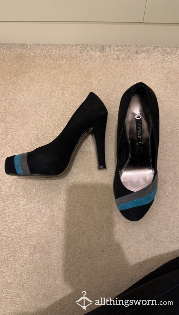 High Heel Court Shoes Black & Blue Details Faux Suede