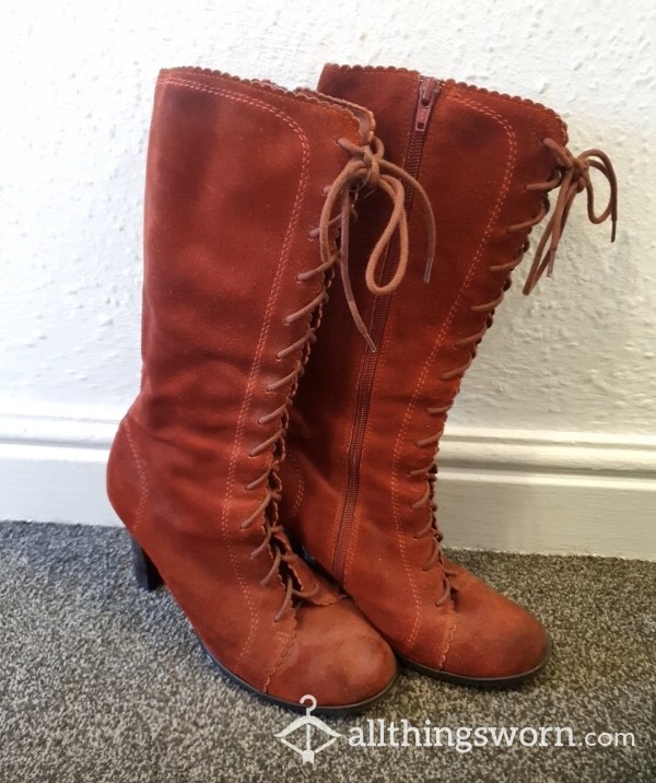 High Heeled, Red Suede/leather Lace Up Boots