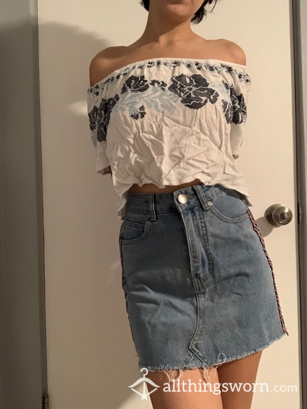 High Waisted Jean Skirt + White Floral Open Shoulder Top