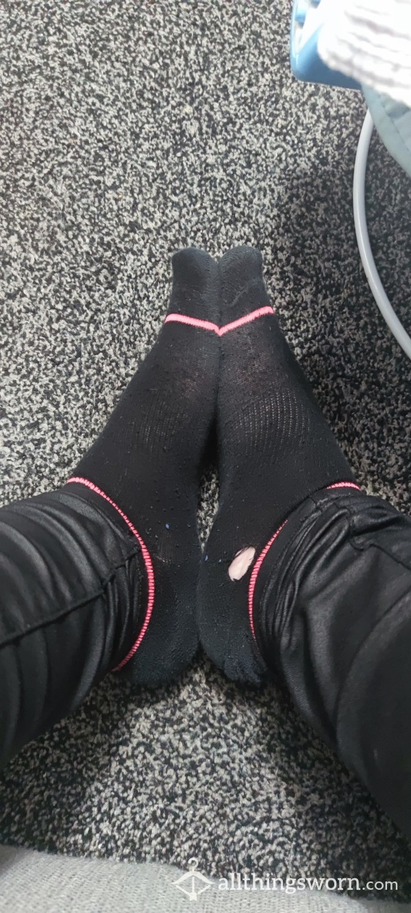 Holey Black Pink Line Trainer Sock Well Worked In
