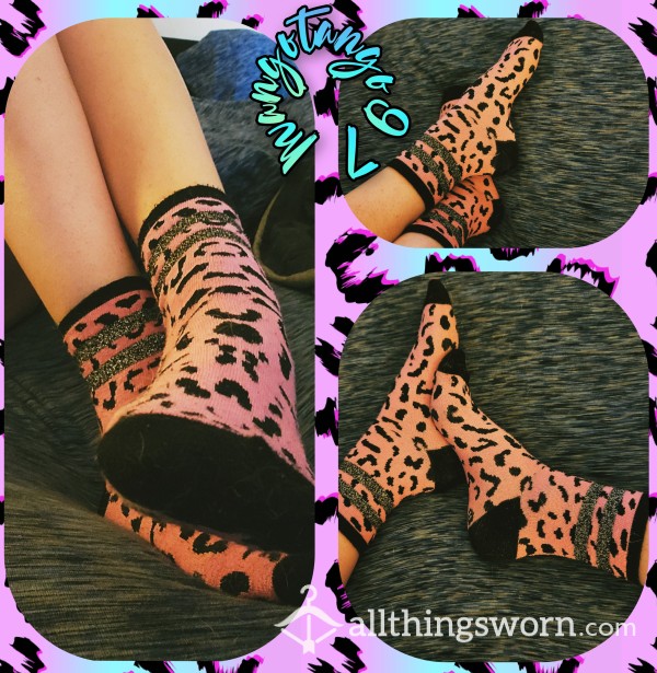 Hot Pink And Black Cheetah Print Crew Socks With Sparkly Stripes