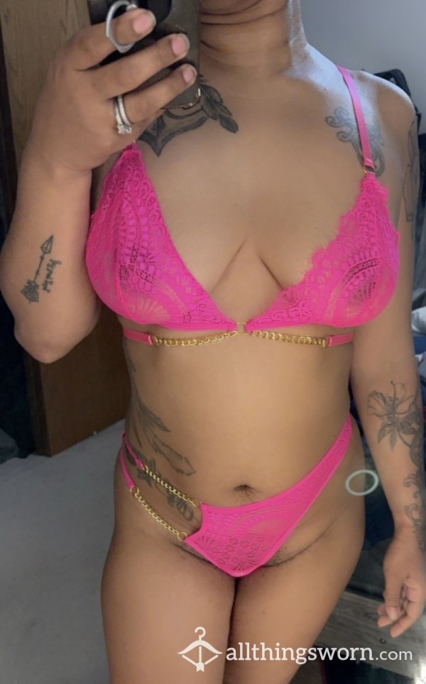 Hot Pink And Gold Chain Bra Panty Set