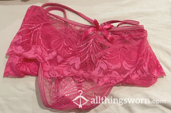 Hot Pink Worn Lace Strappy Full Back Panties