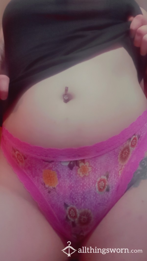 Hot Pink Lace/mesh Thong W/flower Design