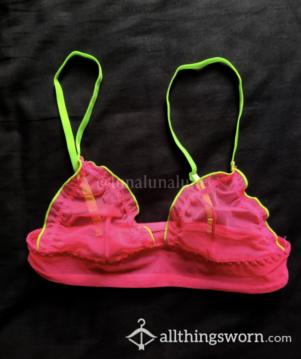 Hot Pink Mesh Bralette With Neon Straps UK 4 Worn By Petite Asian Goddess