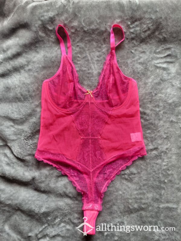 Hot Pink Underwired Lace & Mesh Thong Bodysuit With Pale Yellow Bow Detail | Standard Wear 24hrs | Additional Days & Add-Ons Available | Size Shein Curve 1XL | From £15.00