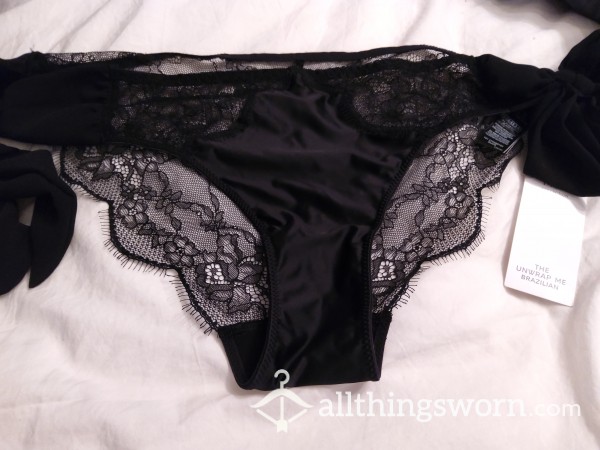I Am EXPENSIVE - Black Lace, Tie At The Sides, Unwrap Me Brazilian Knickers. COMPLETE WITH DOMME SCENT.