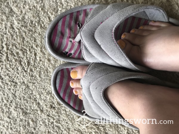Size 8 Memory Foam Flip Flops, Pink And Grey Striped, Well-worn With Holes