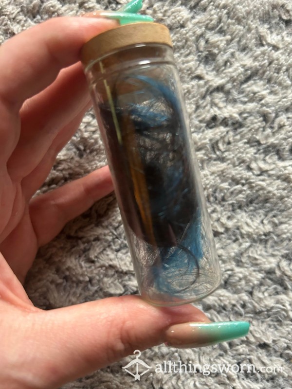 I Trimmed My Hair, Black And Blue Dyed Real Hair In A Glass Vial