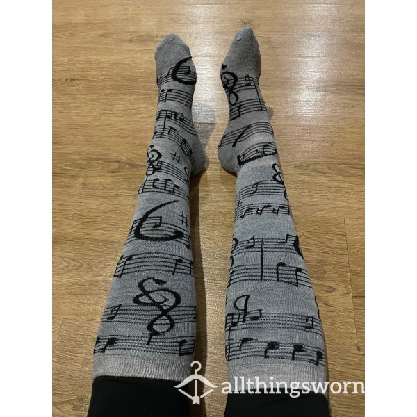 Knee High Black & Grey Music Note Socks 🎼🎶