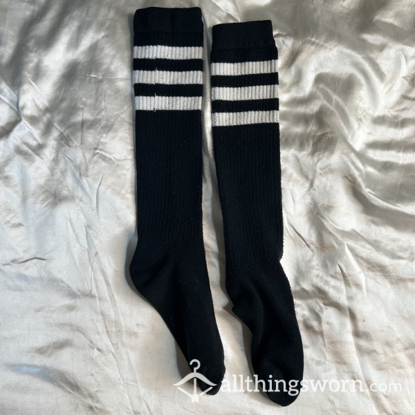 Knee High Black Tube Socks With White Stripes