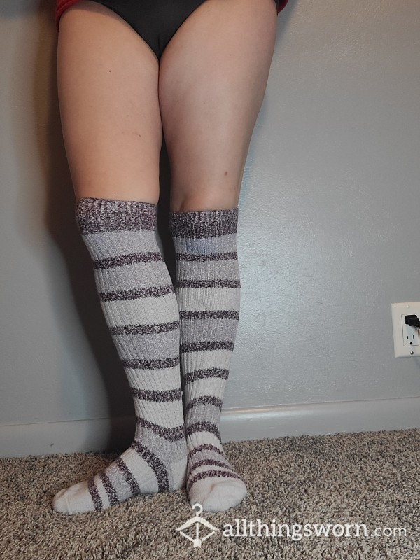 Knee High Grey And Purple Striped Columbia Wool Socks