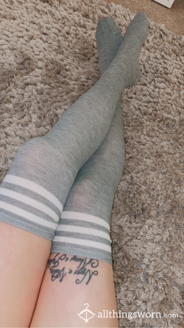 Knee High Grey Three Striped Cotton Socks 🧦