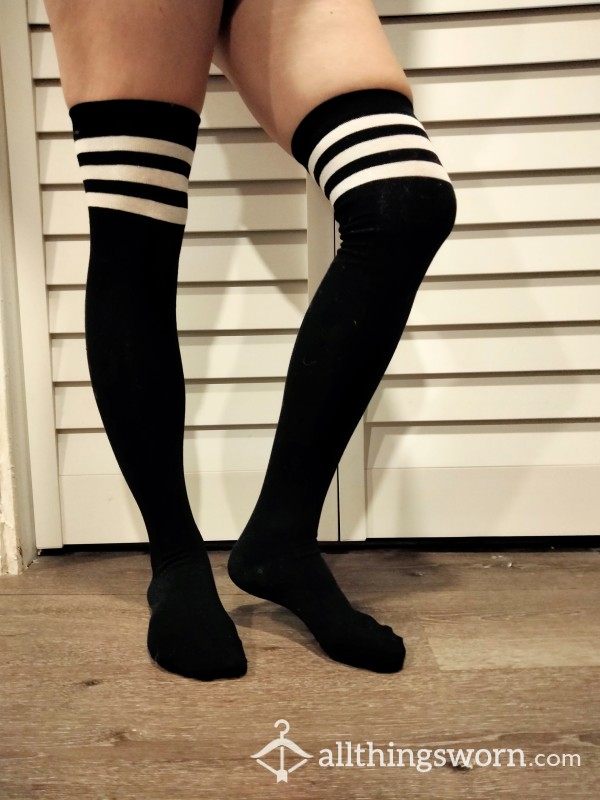 Smelly Knee High Socks Black W/ White Stripes Worn 72 Hours