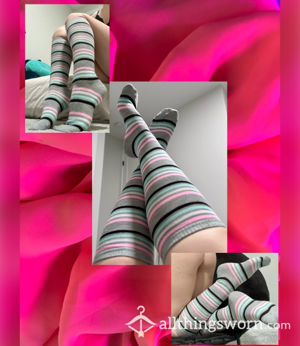 🩵🩶🩷 Knee High Socks 🩷🩶🩵 Pink/Blue/White/Black Stripe