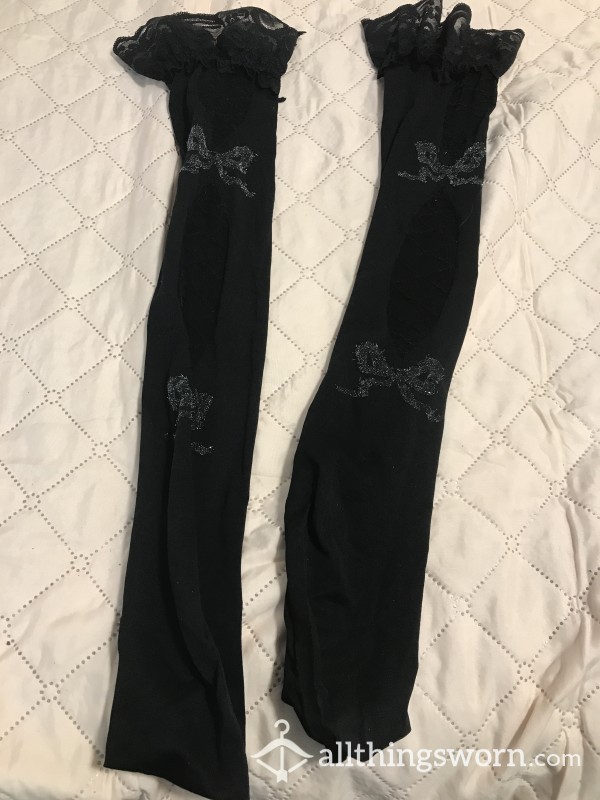 Knee  High Stockings Black With Bows Adorable