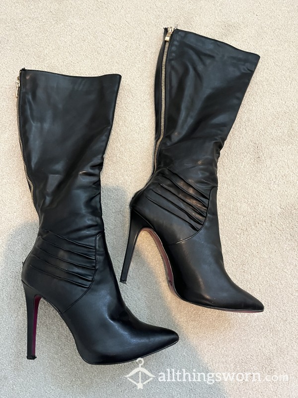 Knee-high Zip Up Black Leather Boots