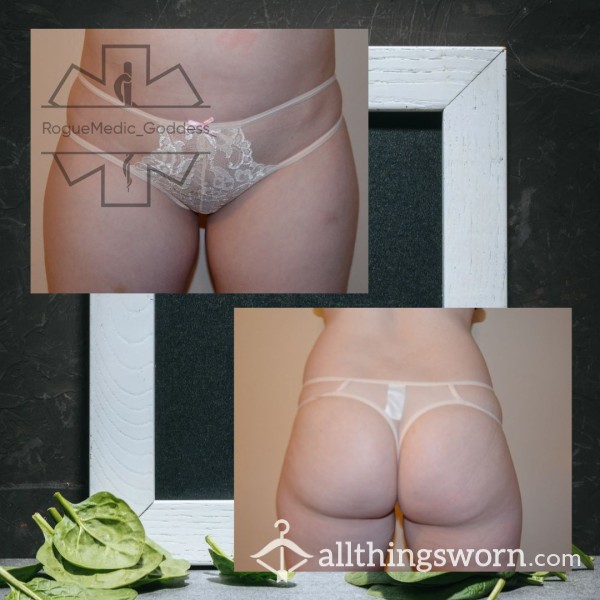 Lacey Pale Peach Tanga Thong With Tiny Bow - Medium