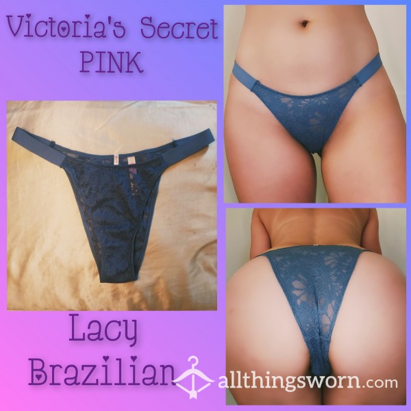 VS PINK💖 $27 Lacy Indigo Brazilian! (24hr Wear + Playtime, Pics Of Wear, Free US Shipping)