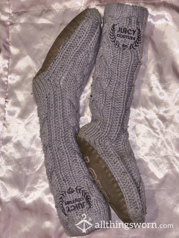 Lavender Knit  Knee High Slippers Extremely Worn