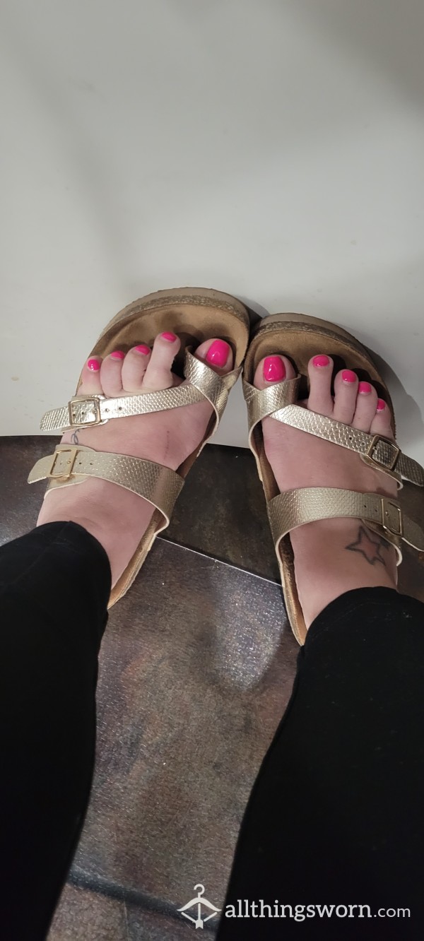 Leather Bottom Gold Sandals . Wear Them Daily. They Are  Sweaty And Have Imprints Of My Beautiful  Feet.