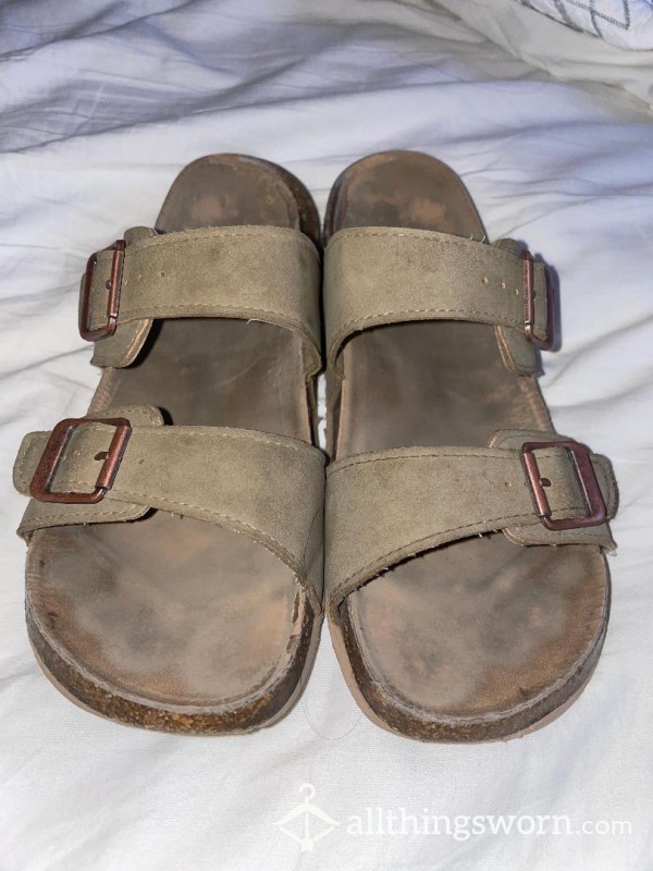 Leather Slides- Worn All Day Everyday For 2 Years. Rain, Wind, Sleet, Sunshine. Complete With Foot Impressions And Smell Of Feet And Abused Leather