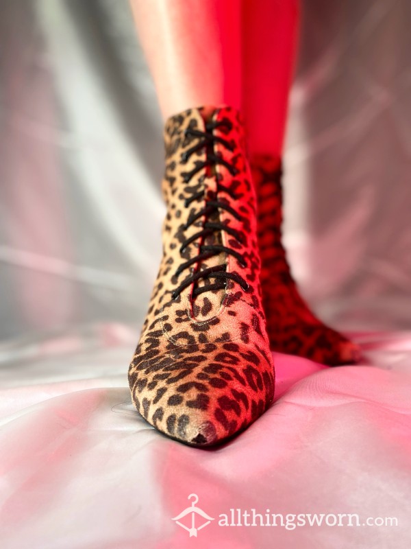 Leopard Print Lace Up Kitten Heel Ankle Boots