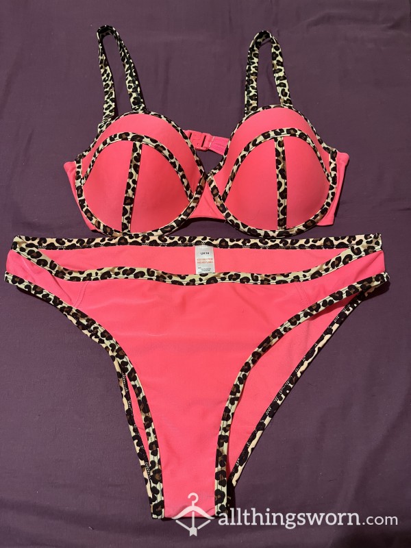 Leopard Print Neon Silky Bikini, 34DD And Size 14