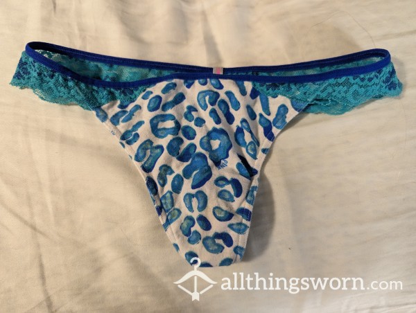 Leopard Printed Blue And White Lace Thong