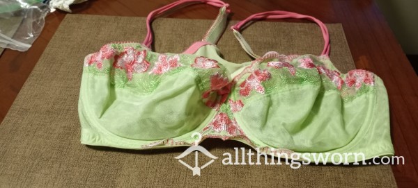 Light Green Bra With Pink Lace Trim, Will Be Worn 3 +days Without Bathing.
