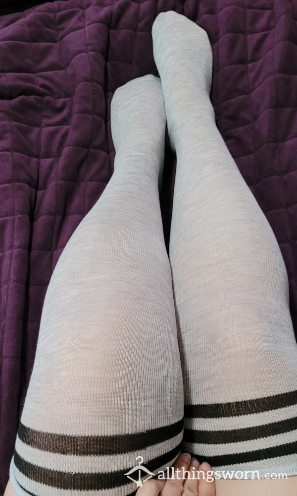 Light Grey With Black Stripes Knee High Socks Stockings FREE Shipping In US