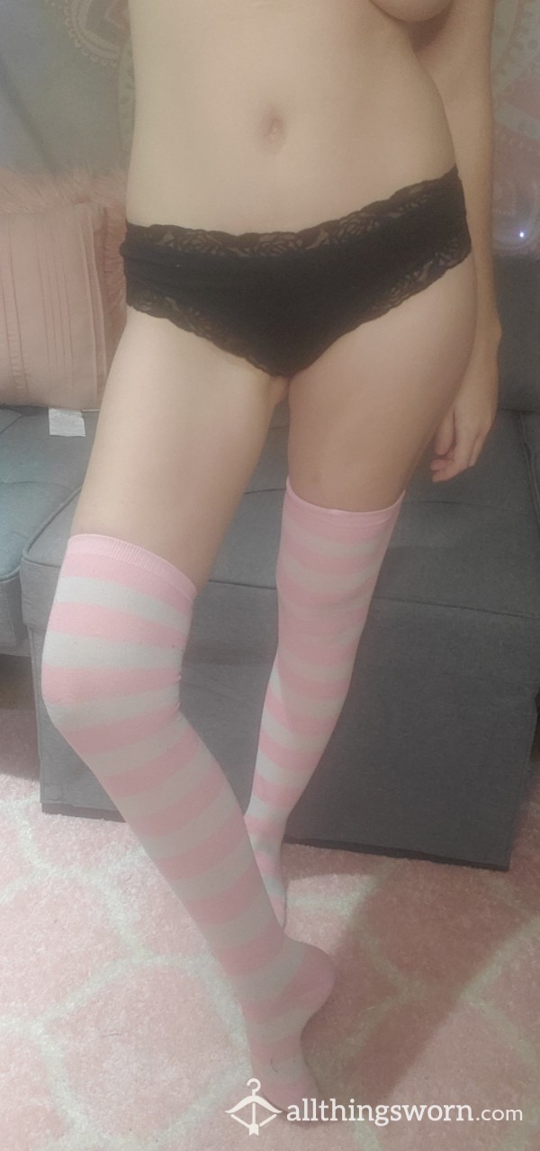 Light Pink And White Striped Thigh High Socks 🔥