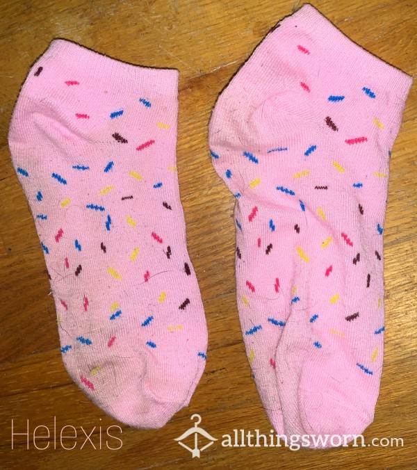 Light Pink Ankle Socks With Sprinkle Designs! Covered In Dirt, Sweat, & Hair!🧁