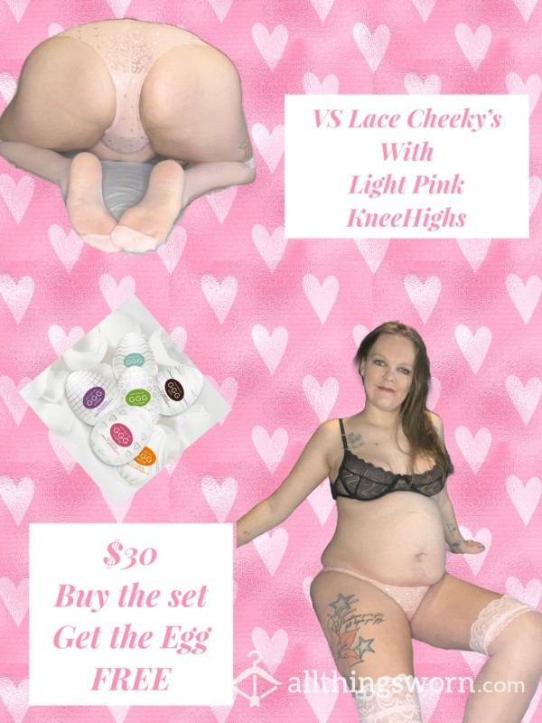 Light Pink VS Lace Cheeky’s With Light Pink Knee Highs!!