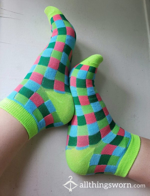 Lime Green Colorful Checkered Ankle Socks💚