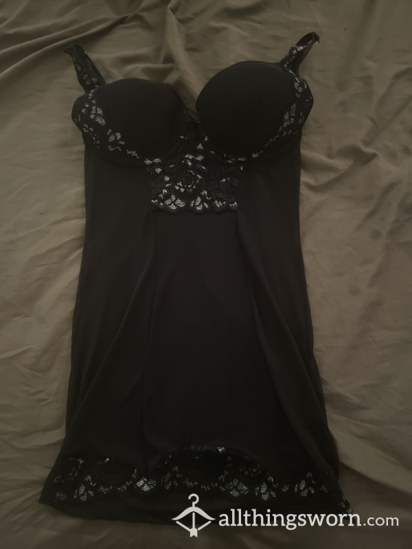SALE!! Sexy Black Lingerie Dress, Mesh See Through, Push Up Top Bra With Silver Designs