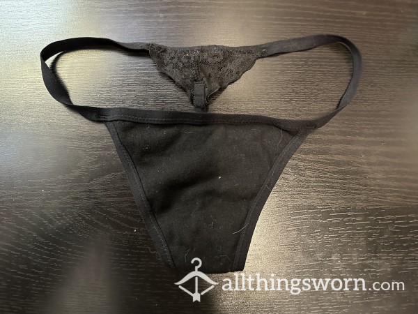 Worn Old Little Black Cotton G String Panty With Lace Back