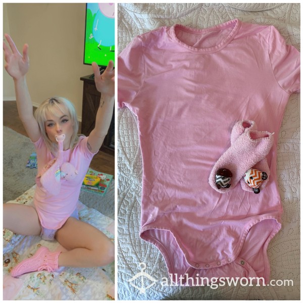 Little Space Outfit | Unisex Small - Medium | Light Pink | Snap Onesie | ABDL, DDLG | Fuzzy Socks With Rattles | Role Play | INCLUDES FREE CONTENT