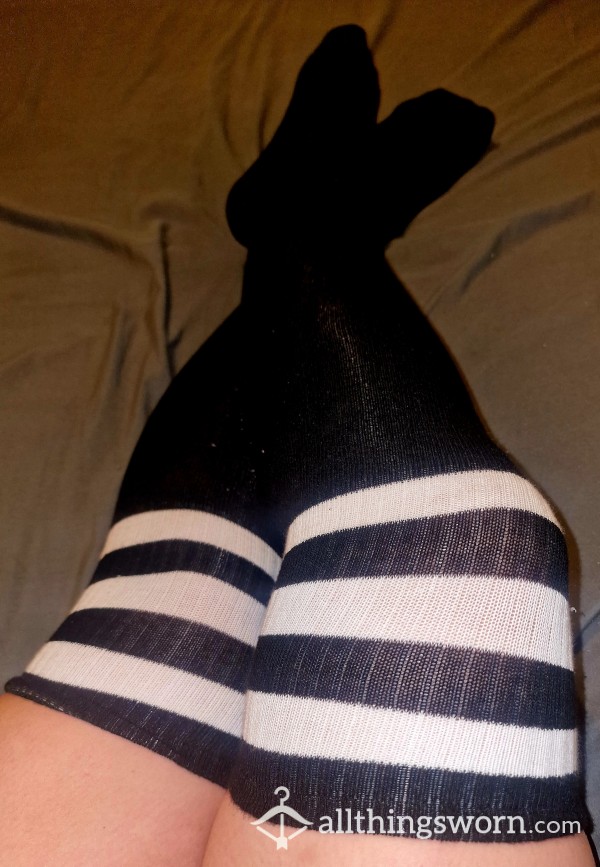 Long Knee High Black And White Striped Socks.