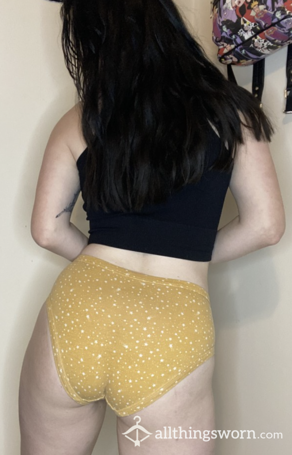 🌟M Yellow & White Star Fullback Panties W/ Stained Gusset