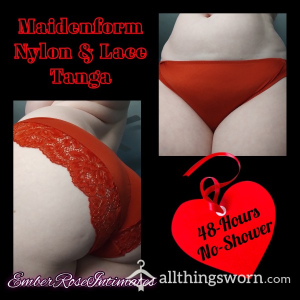 Maidenform Red Nylon Tanga W/ Gold Shimmer Lace