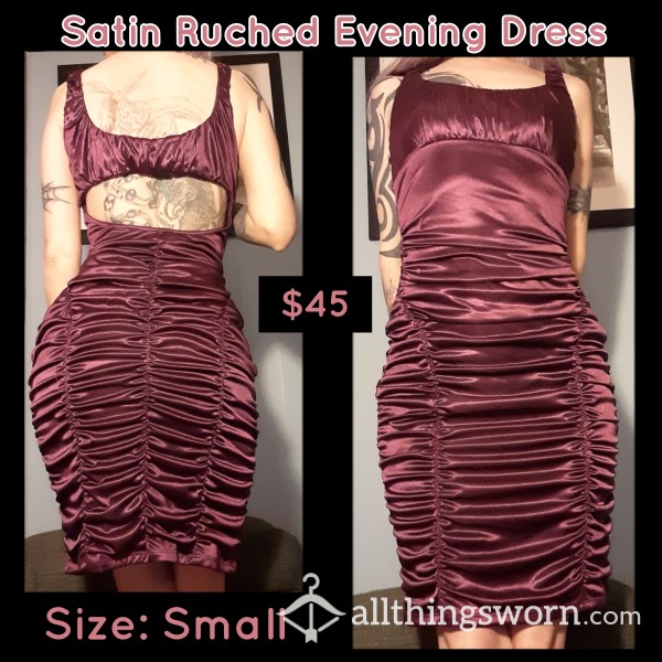 Maroon Satin Ruched Evening Dress - Small