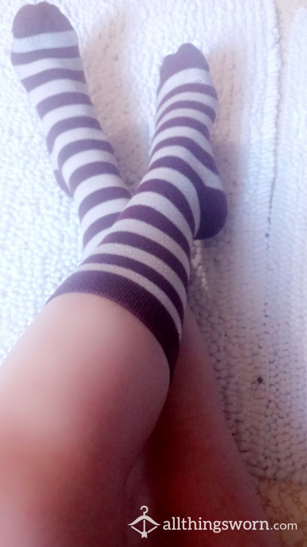 Maroon & White Striped Long Socks