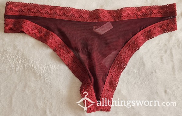 Merlot Mesh Thong With Lace Trim