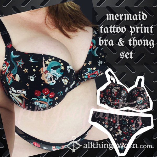 Mermaid Tattoo Print Bra & Thong Set - Includes 2-day Wear & U.S. Shipping